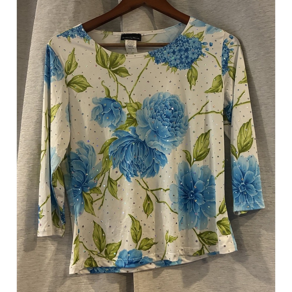 Brittany Black Vintage Y2K Floral Rose Blouse Blue Stretch Rhinestone Top L